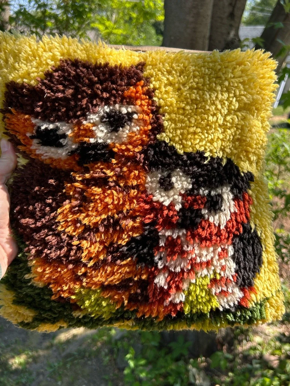 Vintage Pillow Handmade Yellow Owl Latch Hook Cottagecore Throw 12x12